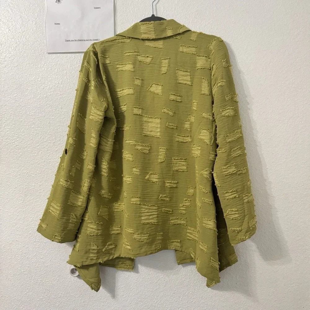 Nina Leonard Textured Tunic M Green Earthy Goblin Lagenlook Patchwork Tab Sleeve